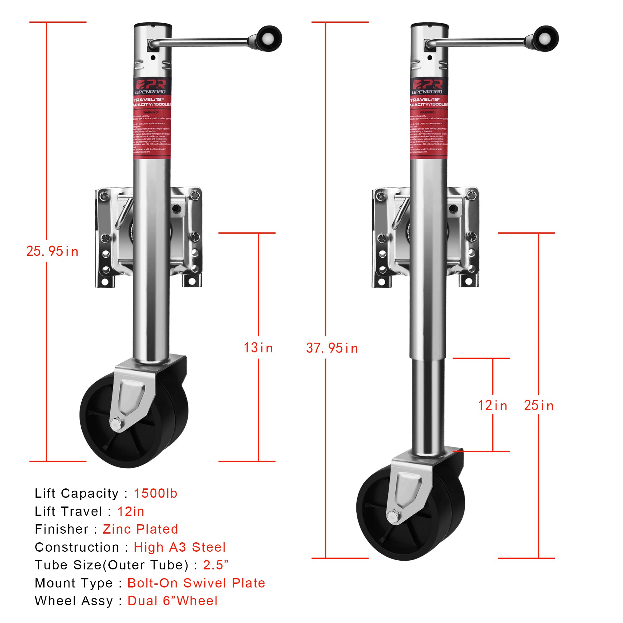 OPENROAD 1500 lbs Boat Trailer Jack with Dual Wheels, 12" Lift Swivel Trailer Jack with Swing-Back Bolt-On, Trailer Tongue Jack for Boat, RV, Trailer, Utility