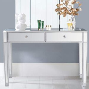 binrrio mirrored console table, silver glass mirrored makeup vanity table desk for women, writing desk media console table for home living room bedroom office smooth finish (sliver-2 drawers)