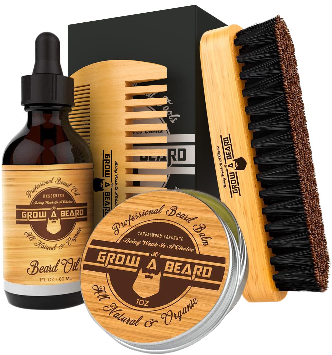 Beard Brush, Beard Comb, Beard Oil, & Beard Balm Grooming Kit for Men's Care, Travel Bamboo Facial Hair Set for Growth, Styling, Shine & Softness, Great Gifts for Him