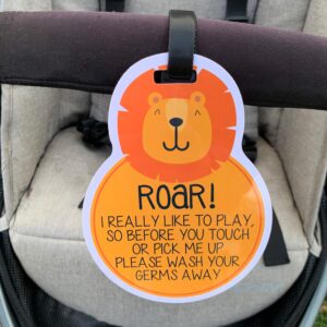 THREE LITTLE TOTS – Animal Theme No Touching Baby Car Seat Sign or Stroller Tag - CPSIA Safety Tested (Lion)