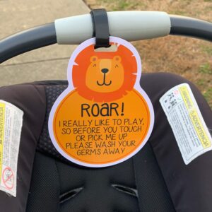 THREE LITTLE TOTS – Animal Theme No Touching Baby Car Seat Sign or Stroller Tag - CPSIA Safety Tested (Lion)