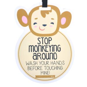 THREE LITTLE TOTS – Animal Theme No Touching Baby Car Seat Sign or Stroller Tag - CPSIA Safety Tested (Monkey)