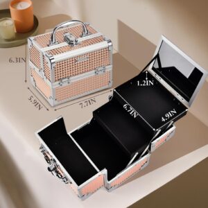 FRENESSA Makeup Train Case Portable Cosmetic Box Jewelry Organizer 2-Tier Trays Lockable with Keys and Mirror Carrying with Handle Makeup Storage Box - Rose Gold