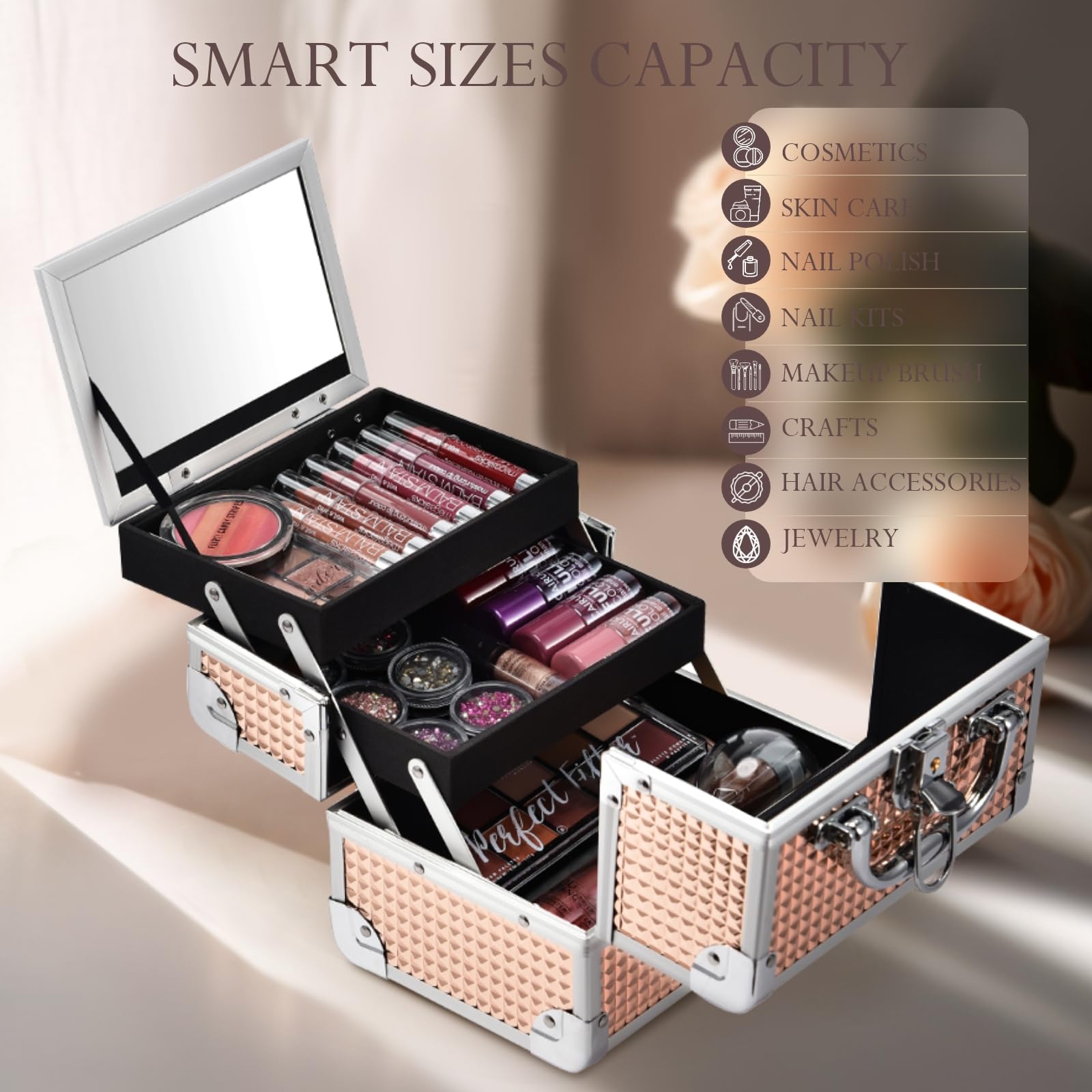 FRENESSA Makeup Train Case Portable Cosmetic Box Jewelry Organizer 2-Tier Trays Lockable with Keys and Mirror Carrying with Handle Makeup Storage Box - Rose Gold