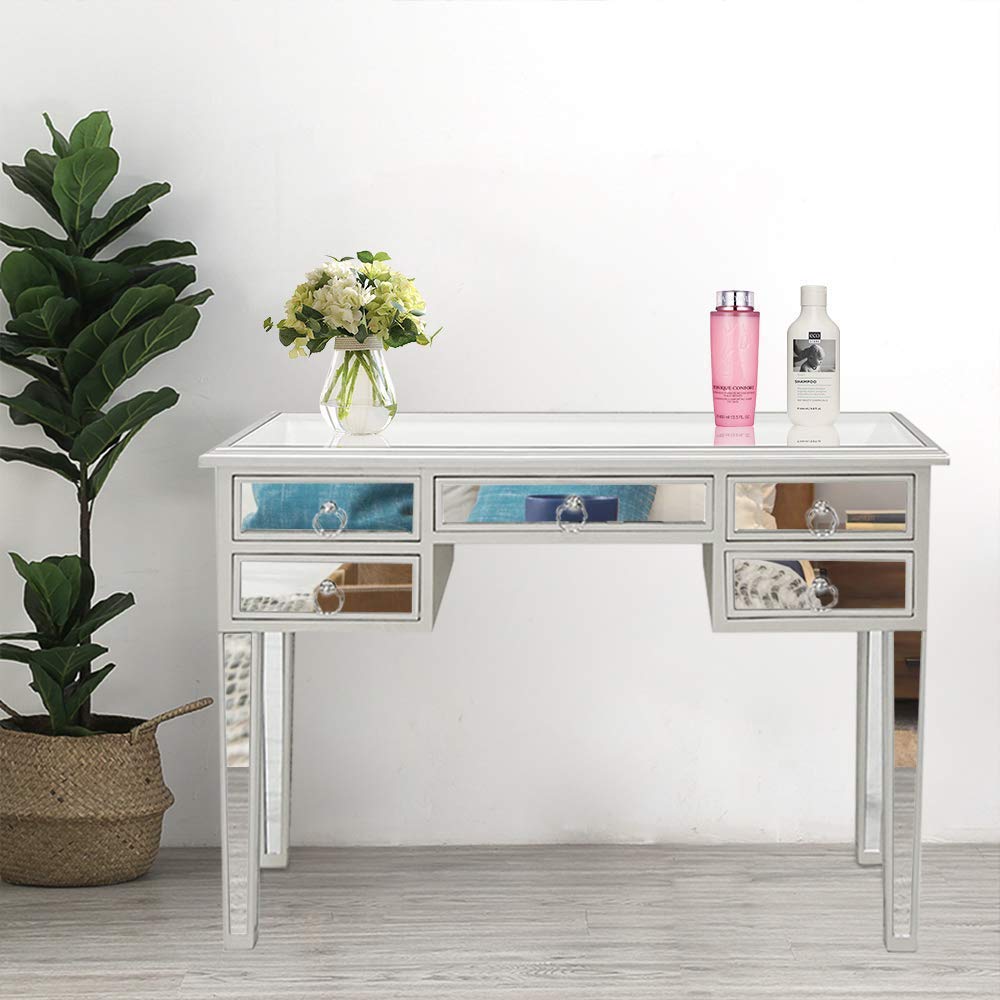 SSLine Mirrored Table,Mirrored Vanity Table Makeup Desk with 2 Drawers,Console Modern Mirrored Makeup Table Media Console Table for Women Home Office Writing Desk Smooth Finish (Silver 5 Drawers)