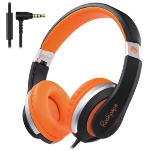 rockpapa hs20 wired kids headphones for school, foldable lightweight boy girl headphones with microphone & 3.5mm jack for 3-15 year old for airplane tablet phones black orange