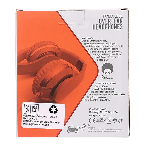 rockpapa HS20 Wired Kids Headphones for School, Foldable Lightweight Boy Girl Headphones with Microphone & 3.5mm Jack for 3-15 Year Old for Airplane Tablet Phones Black Orange