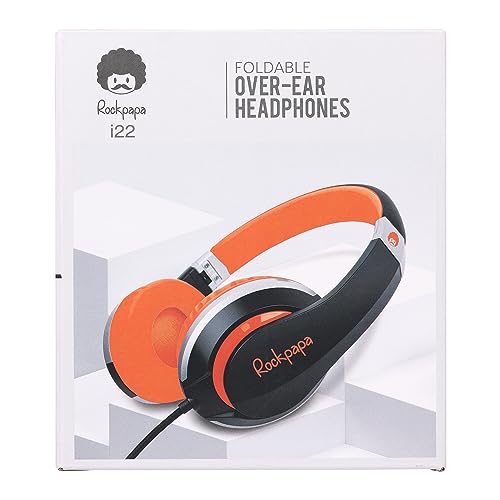 rockpapa HS20 Wired Kids Headphones for School, Foldable Lightweight Boy Girl Headphones with Microphone & 3.5mm Jack for 3-15 Year Old for Airplane Tablet Phones Black Orange