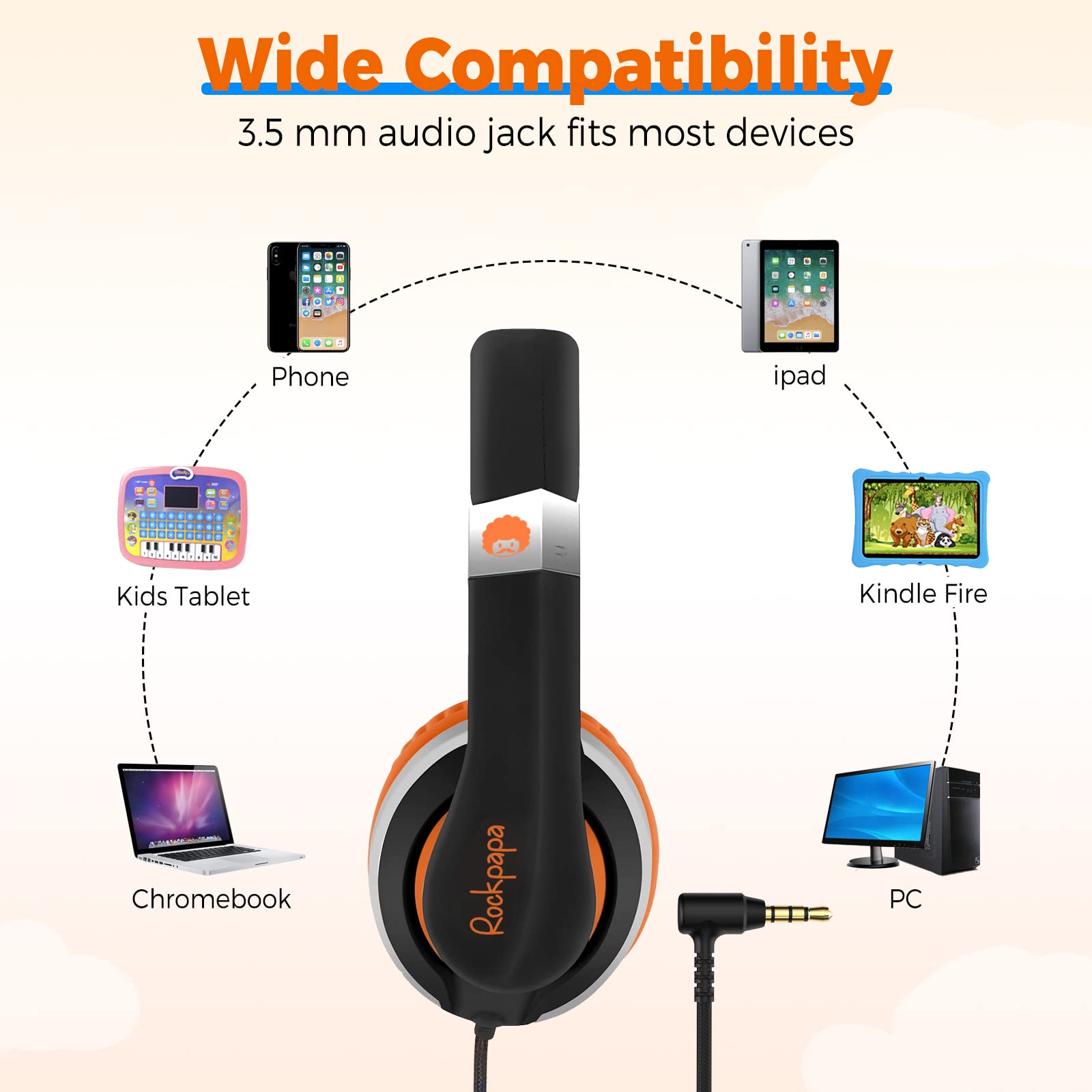 rockpapa HS20 Wired Kids Headphones for School, Foldable Lightweight Boy Girl Headphones with Microphone & 3.5mm Jack for 3-15 Year Old for Airplane Tablet Phones Black Orange