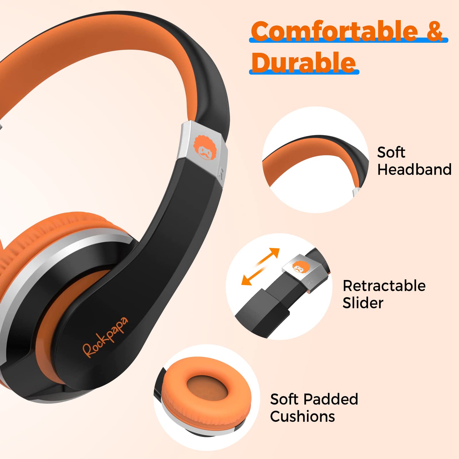 rockpapa HS20 Wired Kids Headphones for School, Foldable Lightweight Boy Girl Headphones with Microphone & 3.5mm Jack for 3-15 Year Old for Airplane Tablet Phones Black Orange