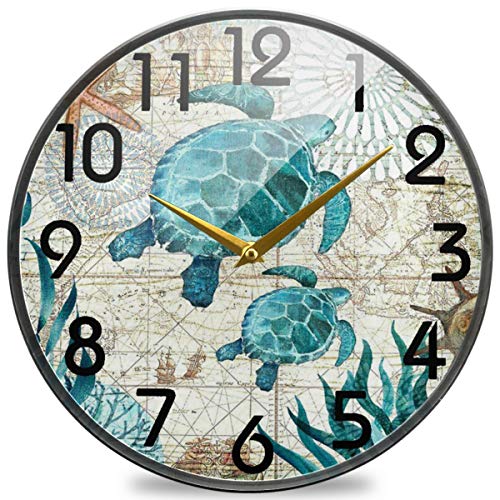 Naanle Chic Vintage Ocean Sea Turtles Starfish Map Print Round Wall Clock, 9.5 Inch Silent Battery Operated Quartz Analog Quiet Desk Clock for Home,Office,School