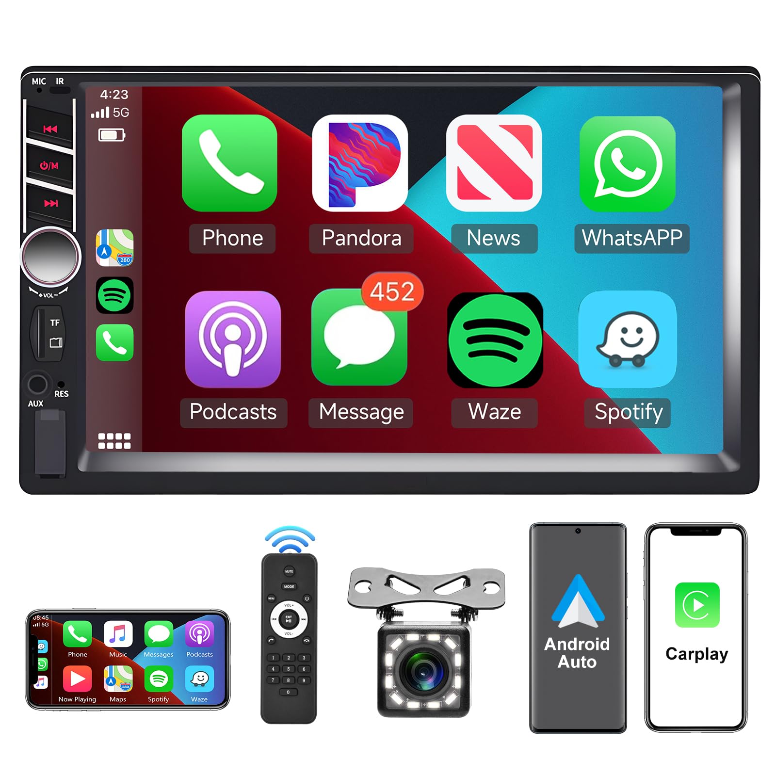 Podofo Double Din Car Stereo with Apple Carplay and Android Auto, 7 Inch HD Touchscreen Car Radio Support Mirror Link/FM/USB/TF/Aux-in/RCA/Bluetooth Car Audio Receiver with Backup Camera