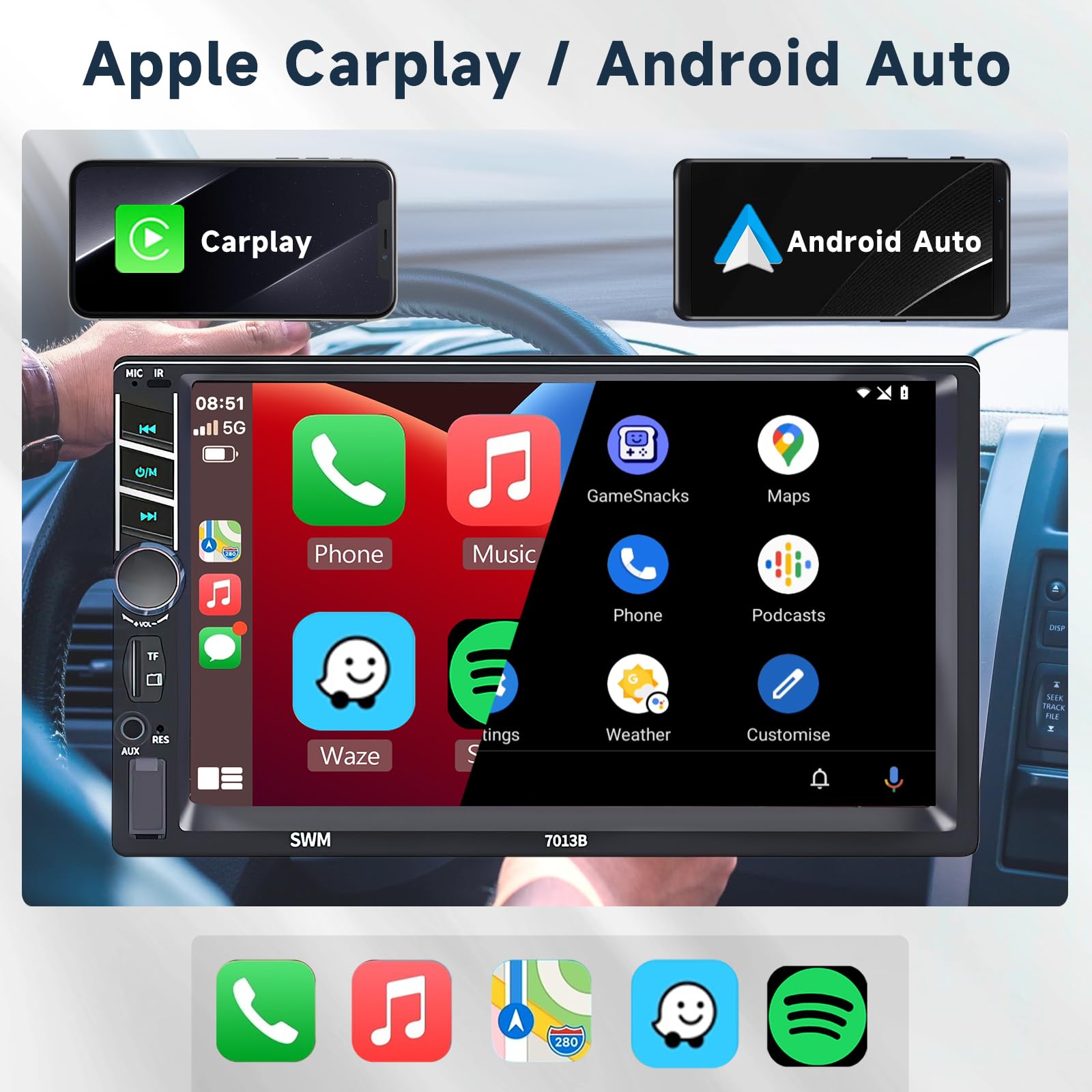 Podofo Double Din Car Stereo with Apple Carplay and Android Auto, 7 Inch HD Touchscreen Car Radio Support Mirror Link/FM/USB/TF/Aux-in/RCA/Bluetooth Car Audio Receiver with Backup Camera