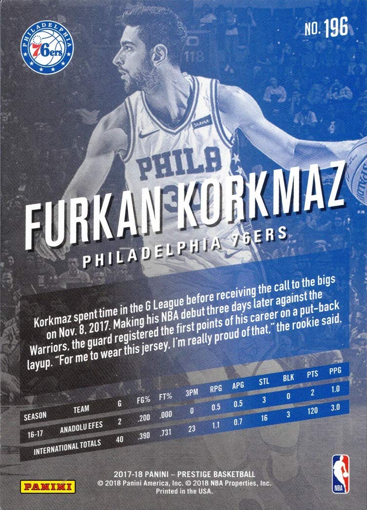 2017-18 Panini Prestige Basketball #196 Furkan Korkmaz Rookie Card