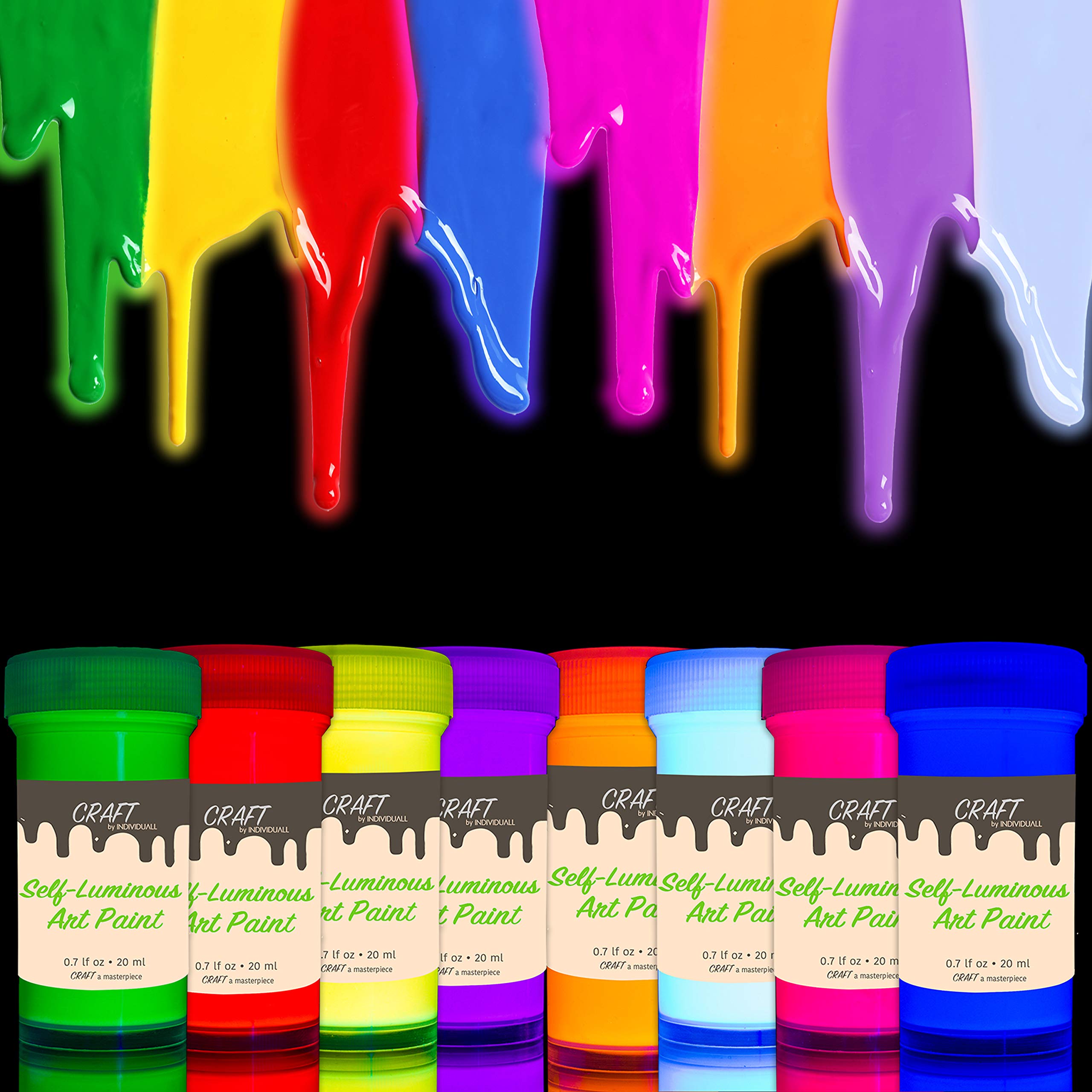 individuall CRAFT Craft Glow in The Dark Acrylic Paint - Set of 8 Self-Luminous Paints – Phosphorescent Afterglow Paint – Glowing Effect Neon Paint - 8 x 20 ml / 0.7 fl oz