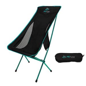 fe active folding camping chair - extra long portable compact folding beach chair w/headrest for more comfort. full aluminum joints for hiking, outdoors, backpacking, travel | designed in california