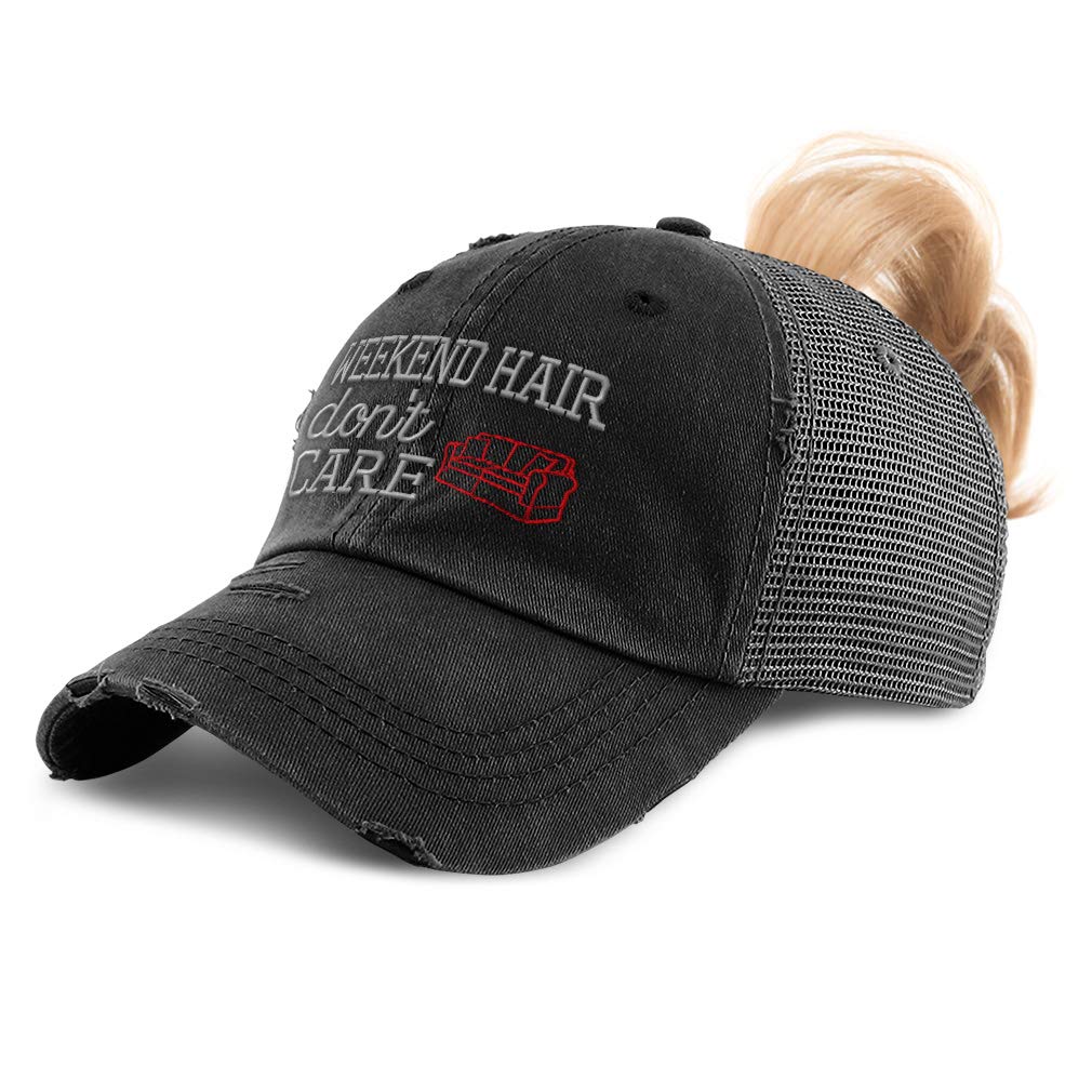 Speedy Pros Womens Ponytail Cap Weekend Hair Don't Care Embroidery Cotton Distressed Trucker Hats Strap Closure Black