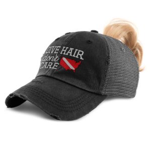 speedy pros womens ponytail cap dive hair don't care embroidery cotton distressed trucker hats strap closure black