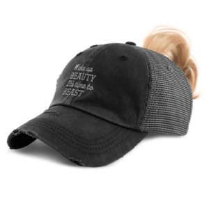 speedy pros womens ponytail cap wake up beauty time to beast a embroidery cotton distressed trucker hats strap closure black