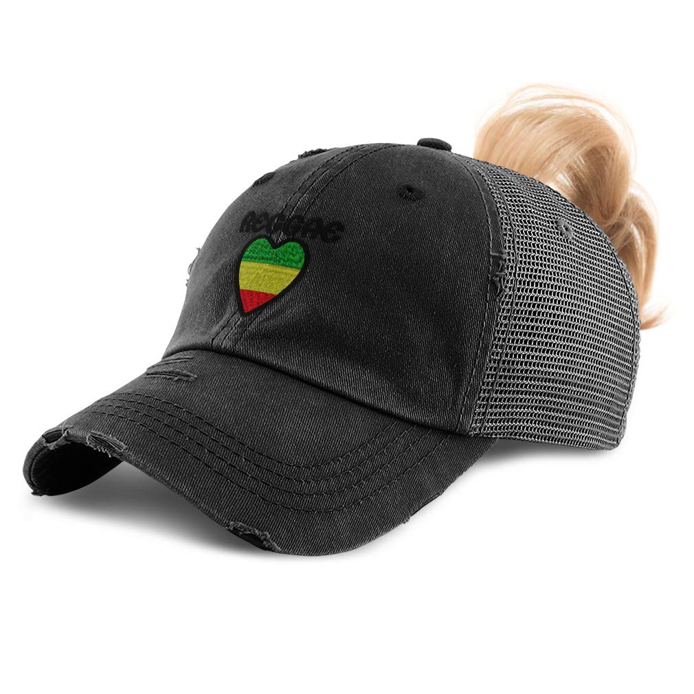 Womens Ponytail Cap Love Reggae Jah Heart Embroidery Cotton Distressed Trucker Hats Strap Closure Black