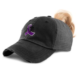 womens ponytail cap cancer purple ribbon faith embroidery cotton distressed trucker hats strap closure black