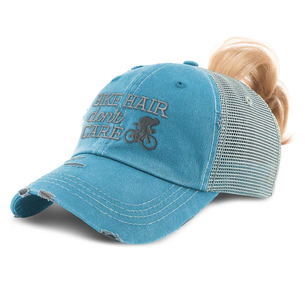 Womens Ponytail Cap Bike Hair Don't Care Embroidery Cotton Distressed Trucker Hats Strap Closure Turquoise