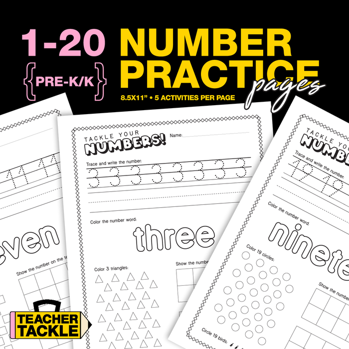 Number 1-20 Practice Pages | Worksheets for Preschool and Kindergarten Math: Counting, Tracing, Writing, Ten Frame & Coloring