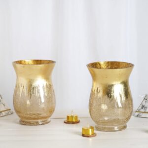 Tableclothsfactory Pack of 2 8" Tall Handmade Gold Foil Crackle Glass Vases Hurricane Candle Holders