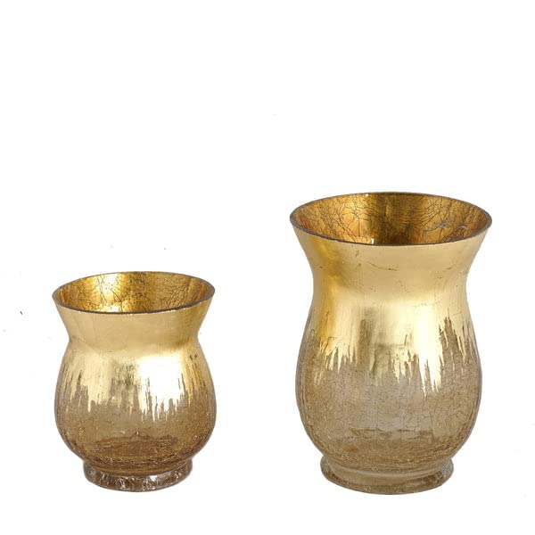 Tableclothsfactory Pack of 2 8" Tall Handmade Gold Foil Crackle Glass Vases Hurricane Candle Holders