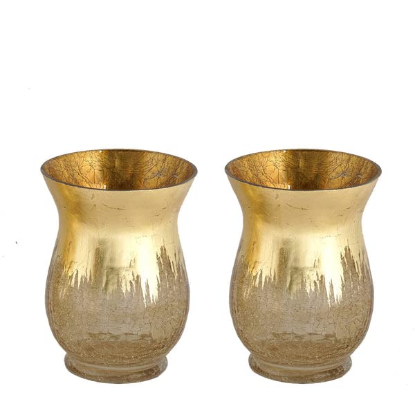 Tableclothsfactory Pack of 2 8" Tall Handmade Gold Foil Crackle Glass Vases Hurricane Candle Holders