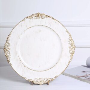 tableclothsfactory 6 pack white 13" round baroque charger plates leaf embossed antique gold rim for tabletop decor catering event