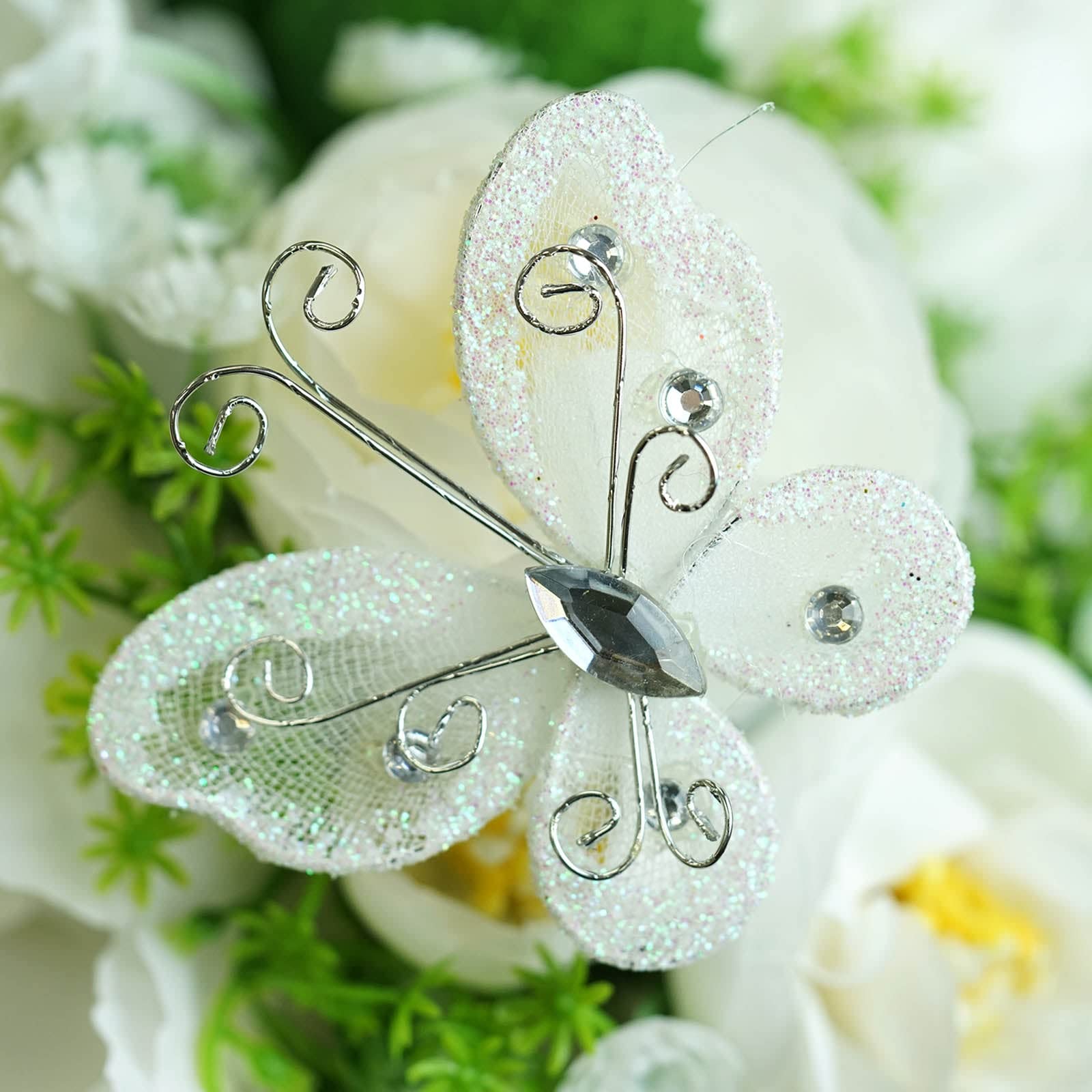 Tableclothsfactory 12 Pack White 2" Crystal Studded Organza Butterflies for Wedding Decorations