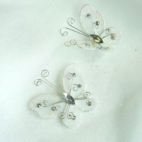 Tableclothsfactory 12 Pack White 2" Crystal Studded Organza Butterflies for Wedding Decorations