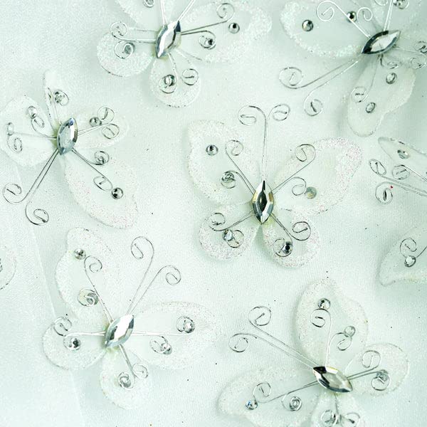 Tableclothsfactory 12 Pack White 2" Crystal Studded Organza Butterflies for Wedding Decorations