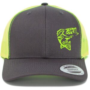 Love Sketches Embroidered Fishing Jumping Bass Trucker Snapback Cap Mesh Back Men and Women (Charcoal/Neon Green)