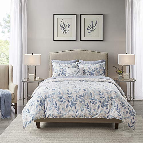 Madison Park Essentials Cozy Bed in a Bag Reversible Comforter with Complete Sheet Set - Modern Botanical Print All Season Cover, Shams, Decorative Pillow, King(104"x92"), Blue 8 Piece