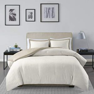 madison park essentials hayden duvet set yarn dyed stripe pattern, solid on the reverse, all season comforter cover bedding set with matching sham, king/cal king, tan 3 piece