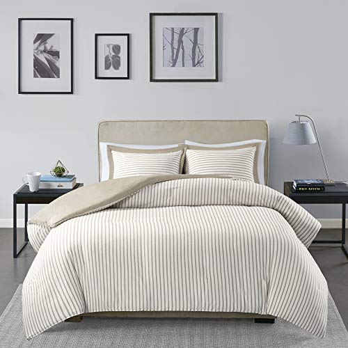 Madison Park Essentials Hayden Duvet Set Yarn Dyed Stripe Pattern, Solid on The Reverse, All Season Comforter Cover Bedding Set with Matching Sham, King/Cal King, Tan 3 Piece