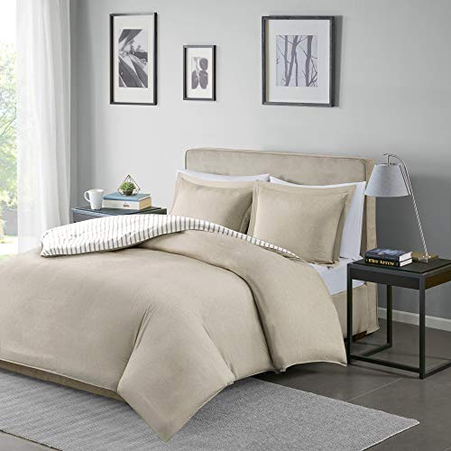 Madison Park Essentials Hayden Duvet Set Yarn Dyed Stripe Pattern, Solid on The Reverse, All Season Comforter Cover Bedding Set with Matching Sham, King/Cal King, Tan 3 Piece