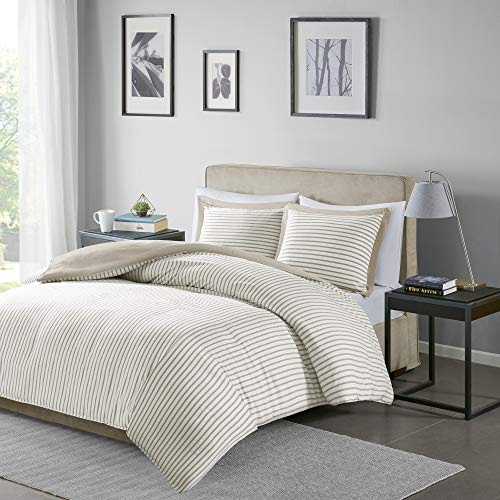 Madison Park Essentials Hayden Duvet Set Yarn Dyed Stripe Pattern, Solid on The Reverse, All Season Comforter Cover Bedding Set with Matching Sham, King/Cal King, Tan 3 Piece