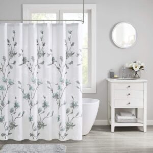 madison park magnolia shower curtain, luxurious botanical floral print, modern serene bathroom décor, machine washable bath privacy screen, 72x72, aqua