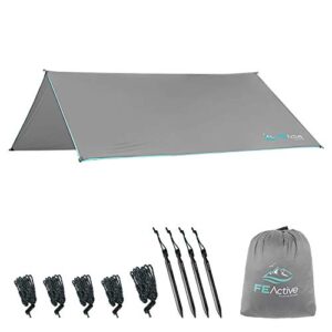 fe active rain fly canopy tent - x large tarp 12' x 9' with 380t ripstop 5000mm waterproof coating for rain & wind protection tarp cover for camping hammock & tent areas | designed in california, usa