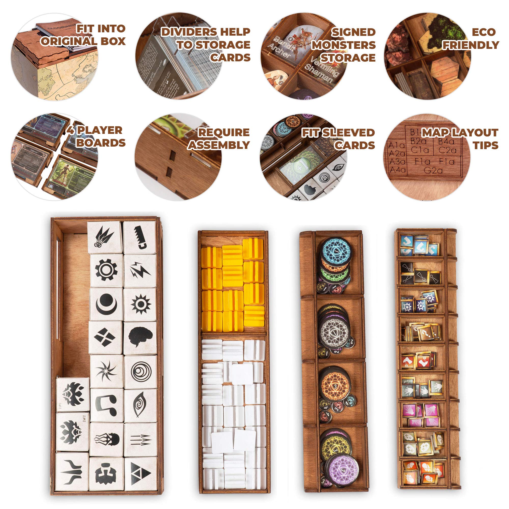 SMONEX Wooden Organizer and Four Player Boards Compatible with Gloomhaven Board Game - Box Suitable for Storage All Gloomhaven Expansions - Insert and Storage