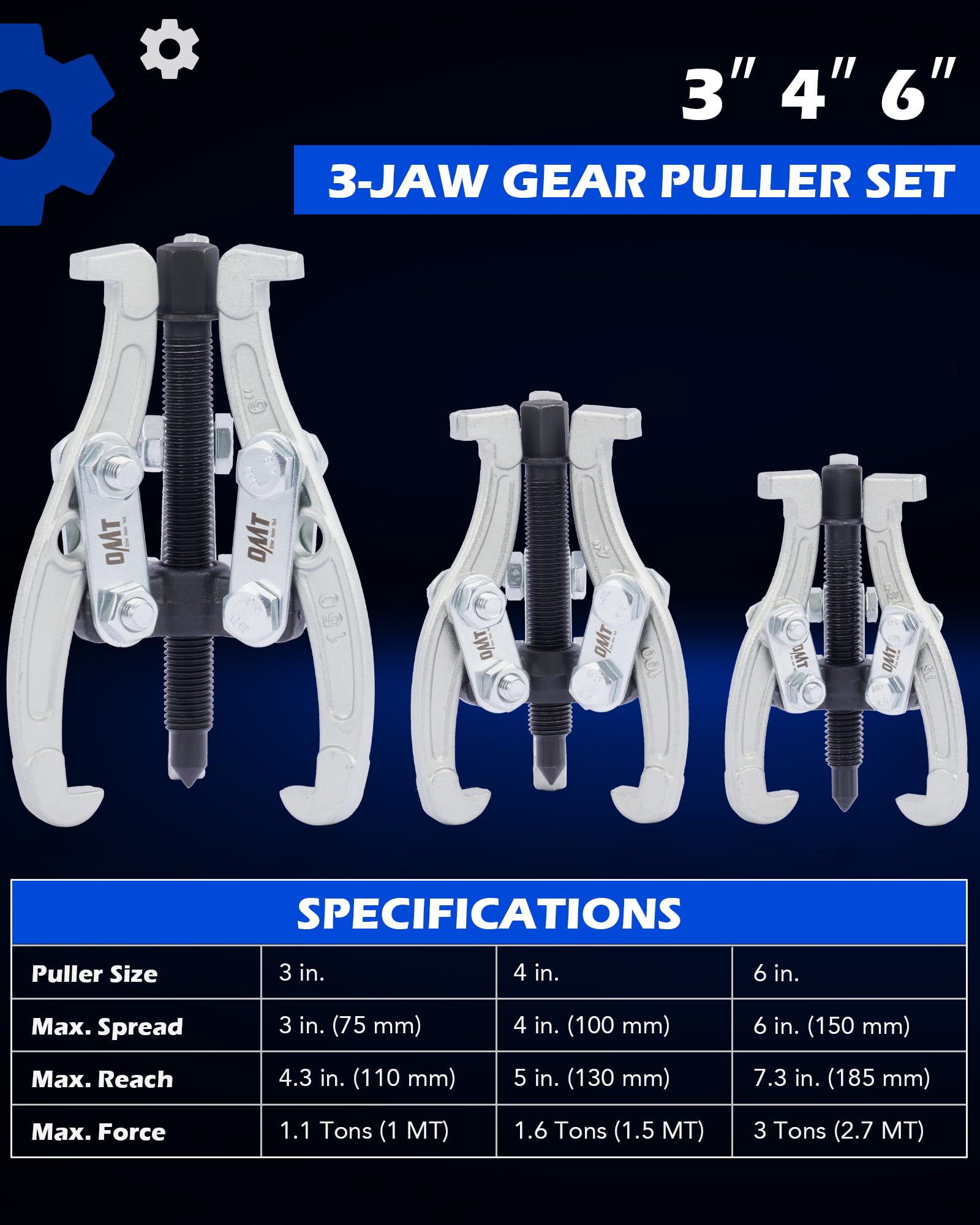 Orion Motor Tech Gear Puller Set, 3" 4" 6" 3 Jaw Puller Kit for Pulley Gear Bearing Flywheel Removal, Heavy Duty Pulley Puller with Reversible Jaws 3 pcs Bearing Puller Tool Kit