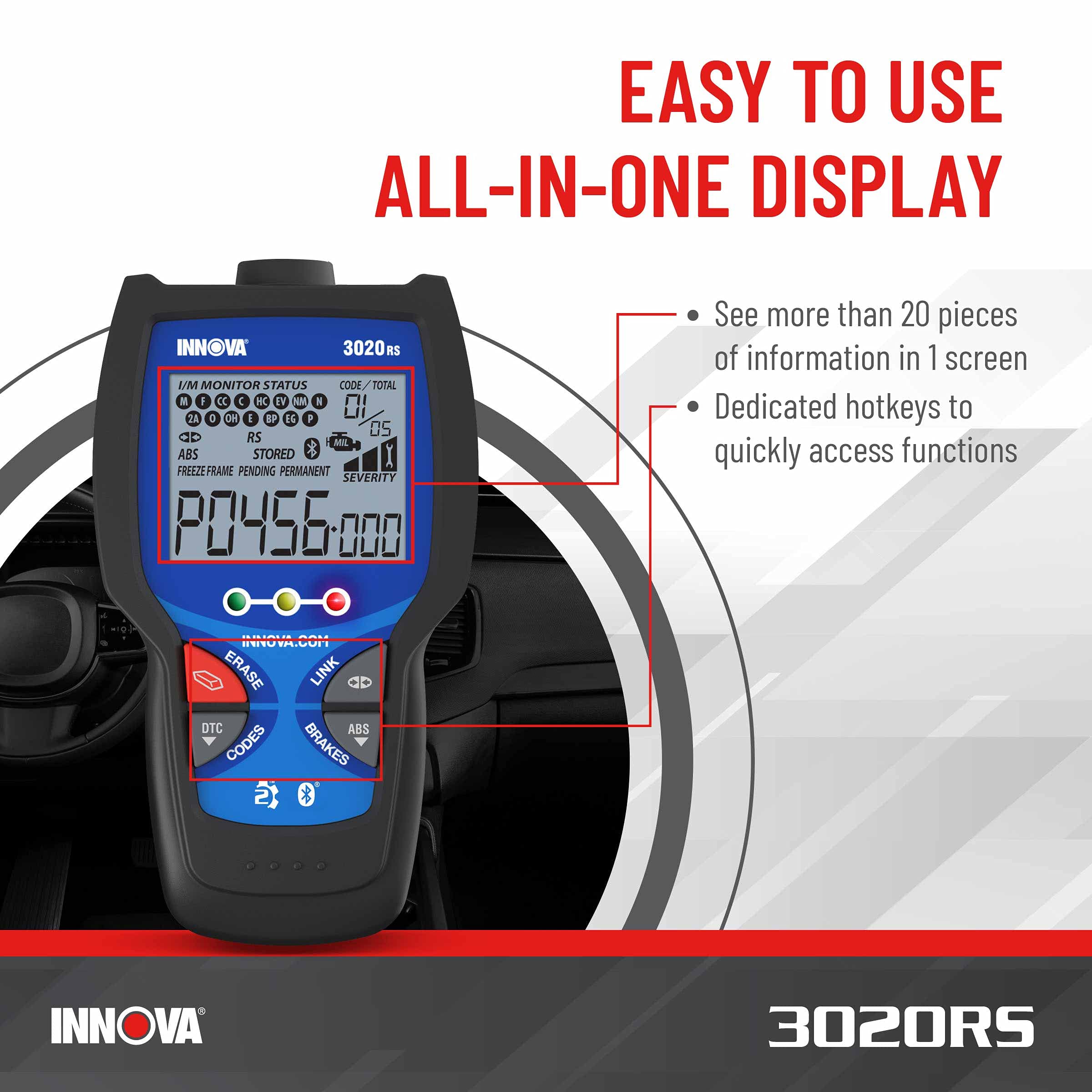 INNOVA 3020RS Fast & Easy-to-Use Check Engine Code Reader, OBD2 Scan tool for ABS Clear with Fix & Part Recommendations, Maintenance Schedules, & Free TSBs on iPhone & Android