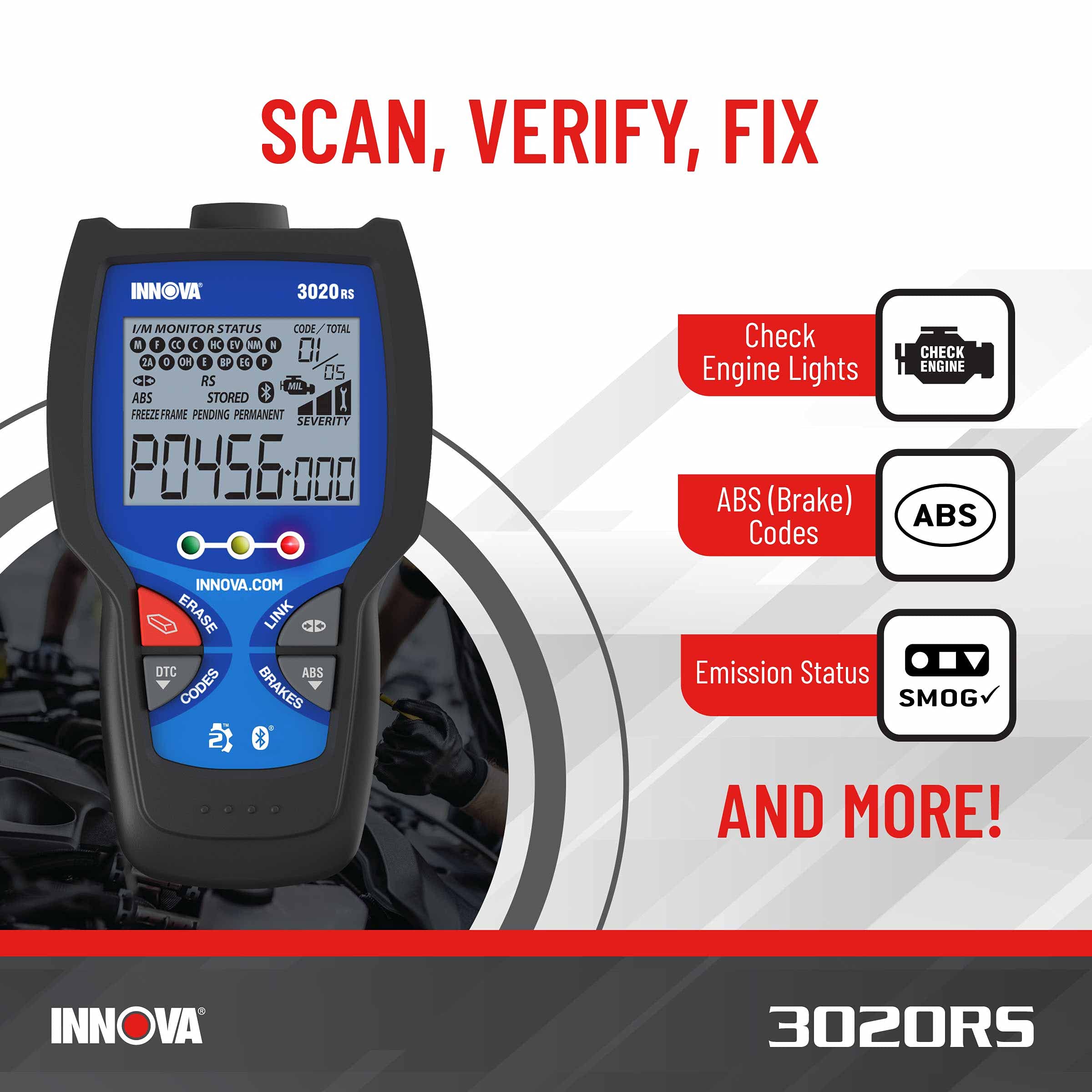 INNOVA 3020RS Fast & Easy-to-Use Check Engine Code Reader, OBD2 Scan tool for ABS Clear with Fix & Part Recommendations, Maintenance Schedules, & Free TSBs on iPhone & Android