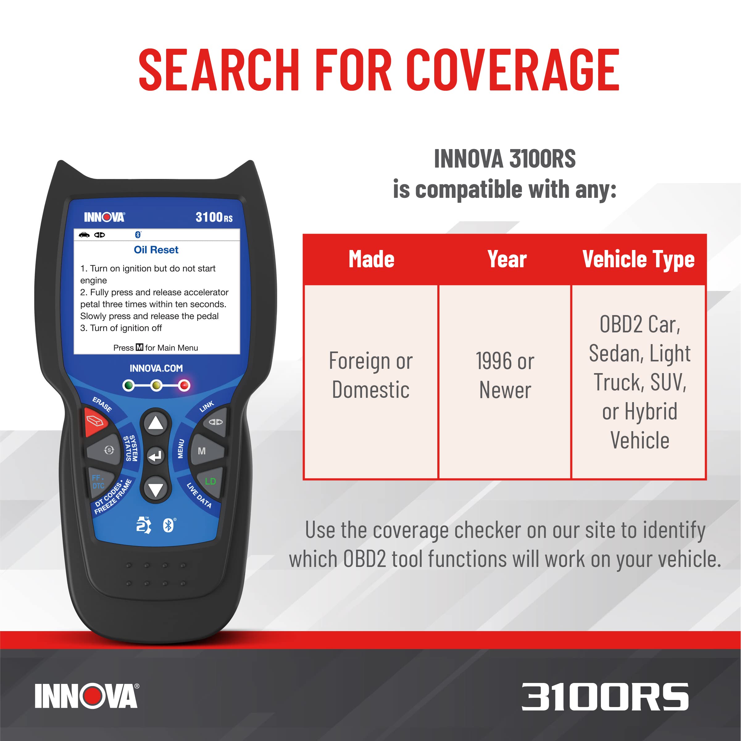 INNOVA 3100RS, OBD2 Scanner, ABS SRS Airbag Scan Tool with Airbag Light & Oil Light Reset, Stream Graph & Record Live Data, Get Suggested Repair & Parts on iPhone or Android