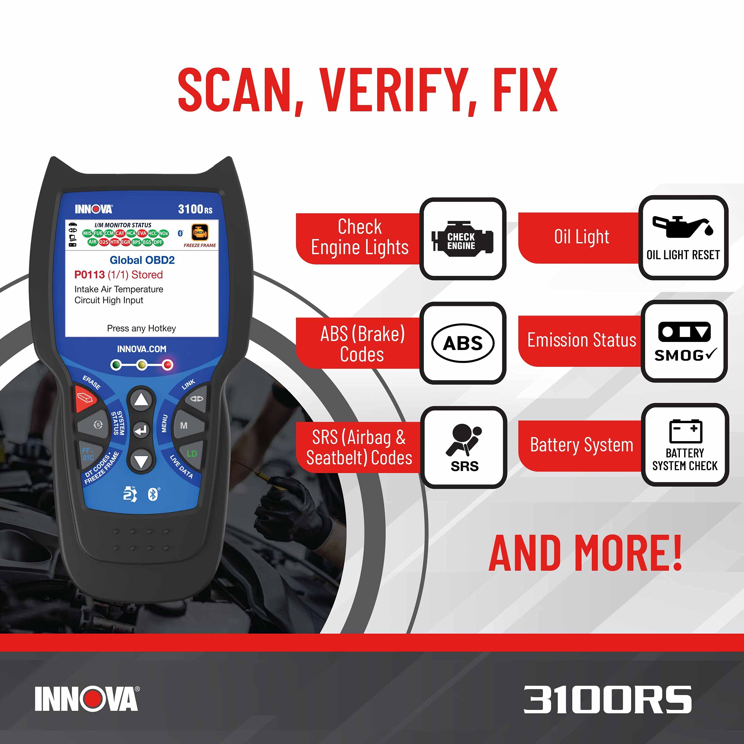 INNOVA 3100RS, OBD2 Scanner, ABS SRS Airbag Scan Tool with Airbag Light & Oil Light Reset, Stream Graph & Record Live Data, Get Suggested Repair & Parts on iPhone or Android