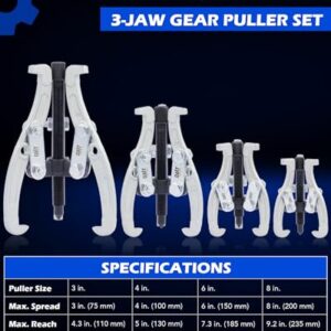 Orion Motor Tech Gear Puller Set, 3" 4" 6" 8" 3 Jaw Puller Kit for Pulley Gear Bearing Flywheel Removal, Heavy Duty Pulley Puller with Reversible Jaws 4 pcs Bearing Puller Tool Kit