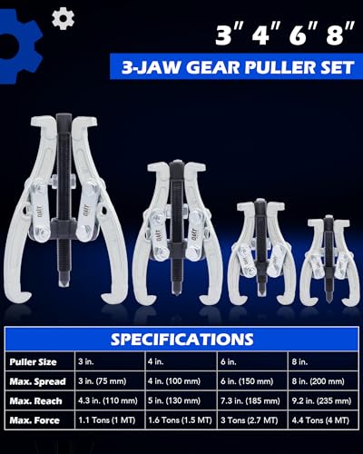 Orion Motor Tech Gear Puller Set, 3" 4" 6" 8" 3 Jaw Puller Kit for Pulley Gear Bearing Flywheel Removal, Heavy Duty Pulley Puller with Reversible Jaws 4 pcs Bearing Puller Tool Kit